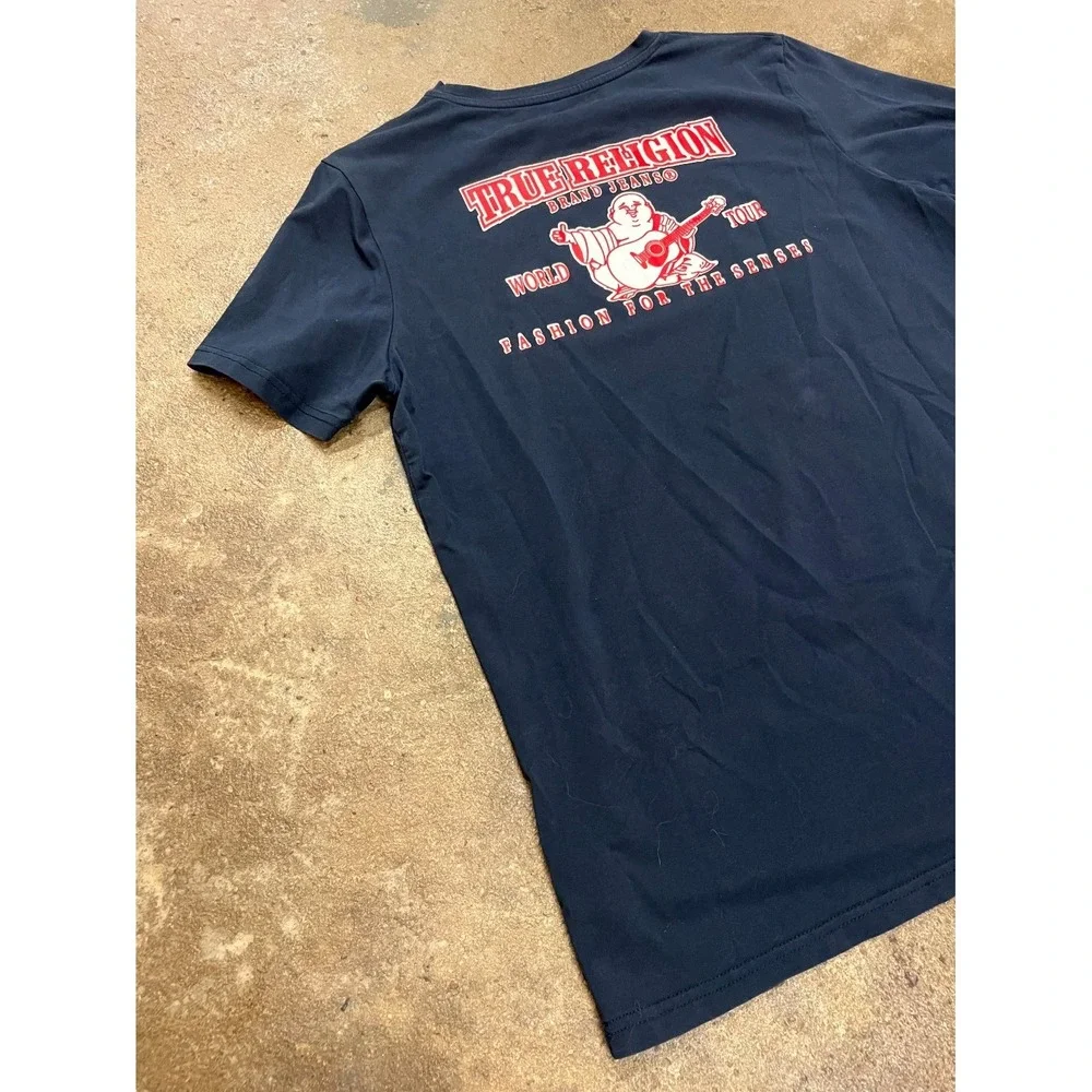 True Religion World Tour T Shirt Mens XL Blue Cotton Buddha Graphic Horseshoe‎